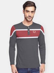 Louis Vicaci P.Q Long Sleeve Henley Shirt For Men-Dark Grey with Red-BE963