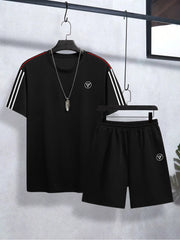 Louis Vicaci Summer Active Wear T Shirt & Lounge Short For Men-Black with white & Red Stripes-BE3219/BR15667