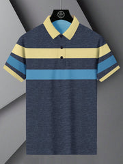 NXT Summer Polo Shirt For Men-Navy Melange with Sky & Yellow Stripe-BE754/BR13001