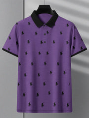PRL Summer Polo Shirt For Men-Dark Purple Melange with Allover Print-BE718/BR12970