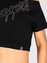 Pineapple Terry Fleece Off Shoulder Cropped Sweatshirt For Ladies-Black-BE2845/BR14727