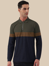 NXT Long Sleeve Polo Shirt For Men-Navy with Green & Brown-BE1048