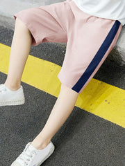 Next Single Jersey Short For Kids-Pink With Dark Blue Stripes-RT2476