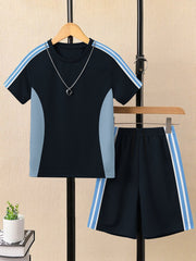 Summer T Shirt & Short Suit For Kids-Navy with Sky & Navy, White Stripe-BE3306/BR15744