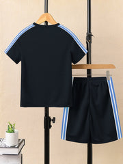 Summer T Shirt & Short Suit For Kids-Navy with Sky & Navy, White Stripe-BE3306/BR15744