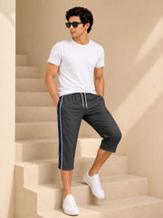 Stylish Knee Length Short For Men-Slate Gray With Navy Stripe-A18