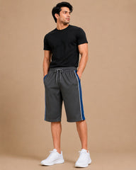 Stylish Knee Length Short For Men-Slate grey With Navy Stripe-A14