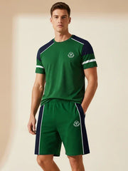Louis Vicaci Summer Active Wear T Shirt & Lounge Short For Men-Green with Navy Panels-BE3217/BR15663