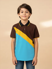 Summer Panel Polo Shirt For Kids-Sky Blue with Yellow & Brown-SP1700/RT2410