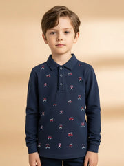 NXT P.Q Long Sleeve Polo Shirt For Kids-Prussian Blue with Embroidered-BE2875/BR14762