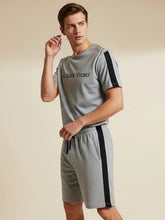 LV Summer Fashion T-Shirt & Lounge Short Suit For Men-Grey Melange with Black Stripe-BR13910
