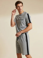 LV Summer Fashion T-Shirt & Lounge Short Suit For Men-Grey Melange with Black Stripe-BR13910
