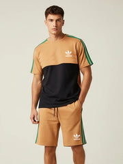 ADS Summer Fashion T-Shirt & Lounge Short Suit For Men-Camel with Black-BE3265/BR15695