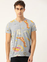 M-17 Single Jersey V Neck Tee Shirt For Men-Grey Melange with Allover Print-SP1926/RT2484