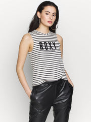 Roxy Sleeveless Crew Neck Single Jersey Strech Blouse For Ladies-White With Stripes-SP1909