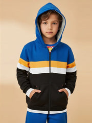 NXT Inner Fur Hood Fleece Full Zipper Hoodie For Kids-Black, Blue with Orange & White Panels-BE2795/BR14680