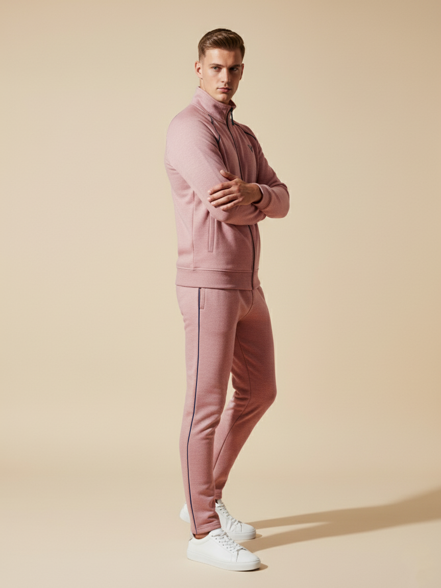 Louis Vicaci Fleece Zipper Tracksuit For Men-Light Peach Melange-LVTS01