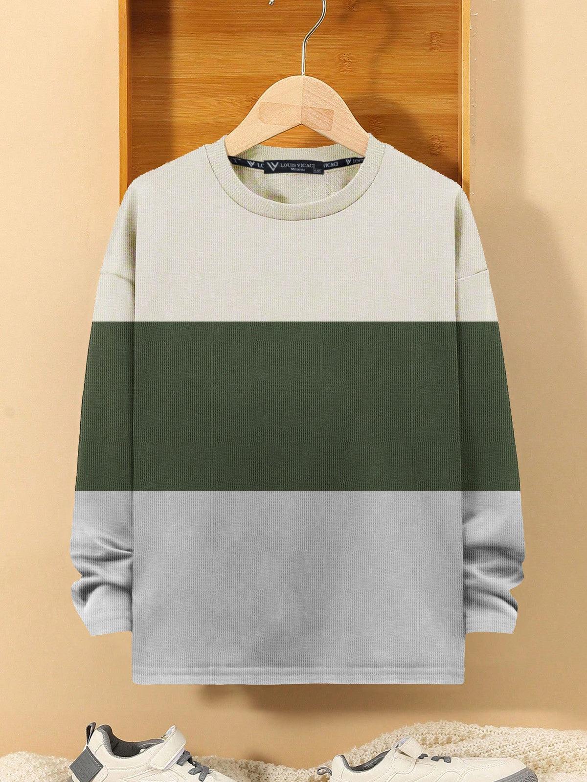LV Crew Neck Long Sleeve Thermal Tee Shirt For Kids-Off White with Green & Light Grey-SP1717/RT2421