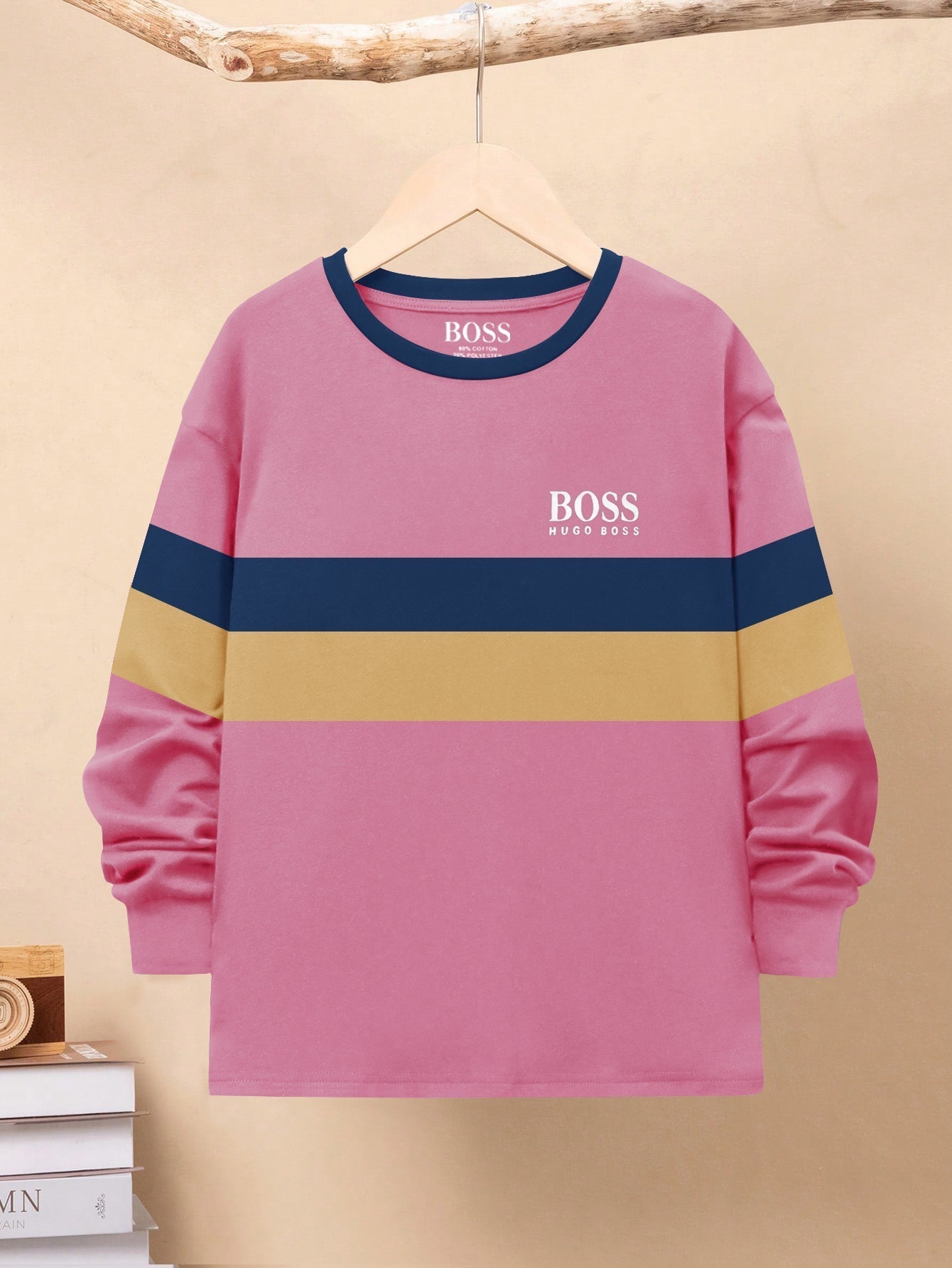 HB Crew Neck Long Sleeve Single Jersey Tee Shirt For Kids-Pink with Stripes-SP1715/RT2419