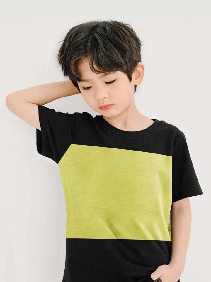 NK Crew Neck Single Jersey Tee Shirt For Kids-Black with Yellow Texture Panel-SP2225