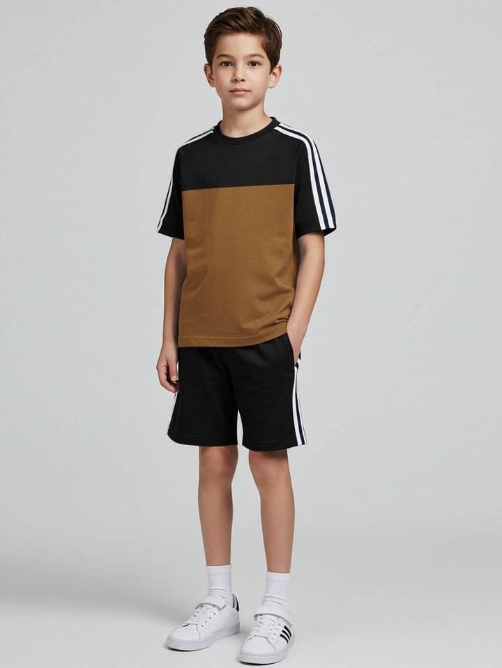 Ads Summer T Shirt & Short Suit For Kids-Golden with Black & White, Navy Stripe-BE3276/BR15714
