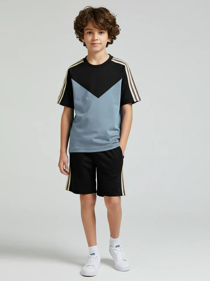 Ads Summer T Shirt & Short Suit For Kids-Bond Blue with Black & Brown, Skin Stripe-BE3303/BR15741