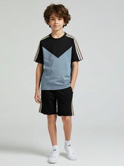 Ads Summer T Shirt & Short Suit For Kids-Bond Blue with Black & Brown, Skin Stripe-BE3303/BR15741
