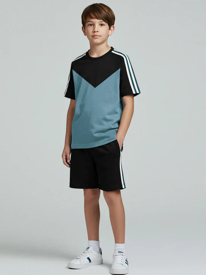Ads Summer T Shirt & Short Suit For Kids-Bond Blue with Black & White, Green Stripe-BE3292/BR15730