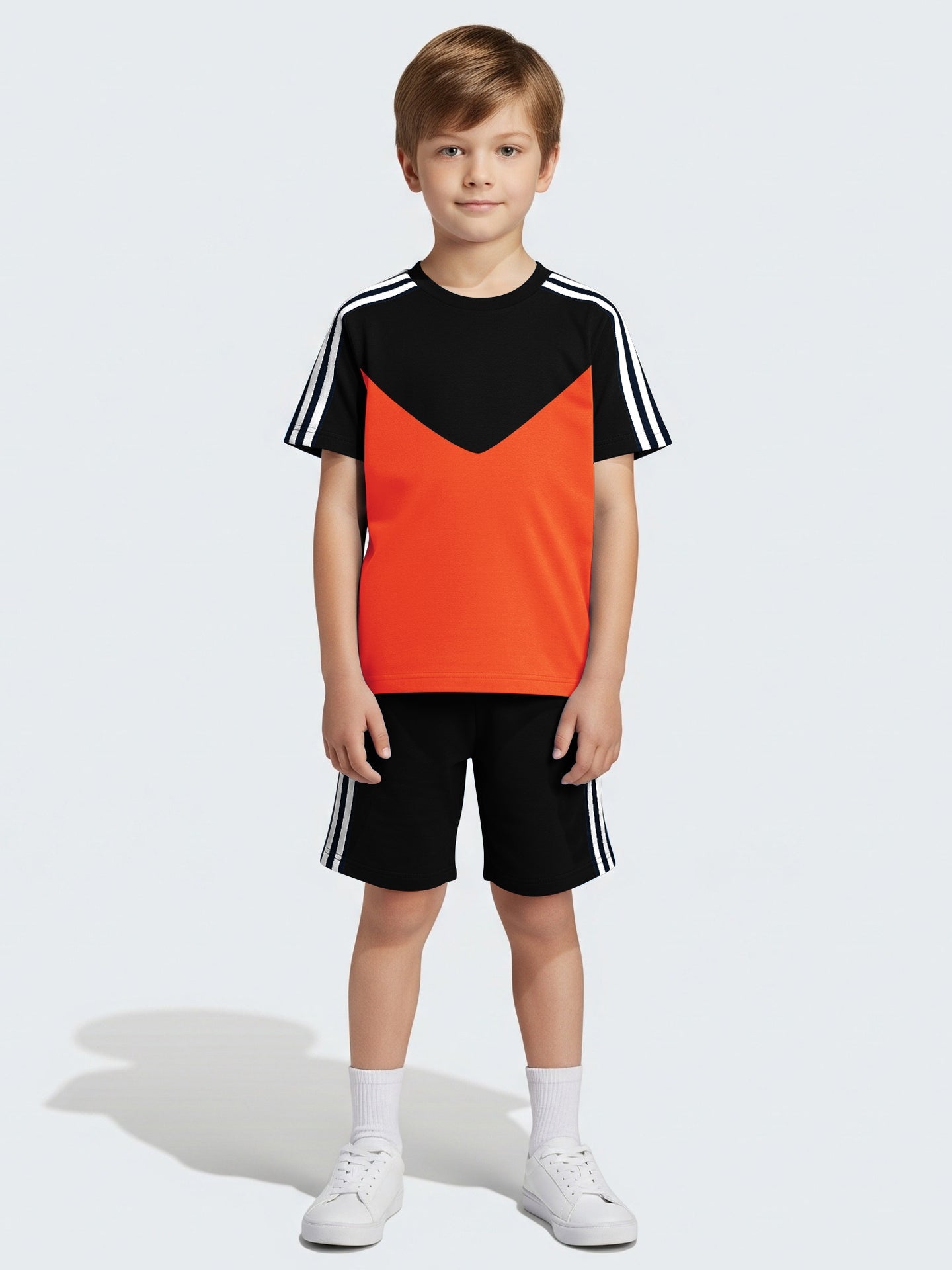Summer T Shirt & Short Suit For Kids-Orange with Black & White,Navy Stripe-BE3308/BR15746