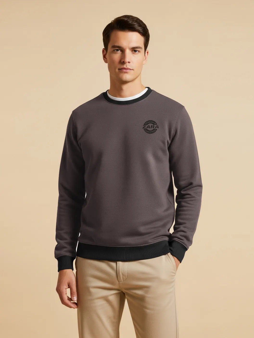 ZARA Fleece Funky Style Sweatshirt For Men-Chocolate Brown with Black-BE2549