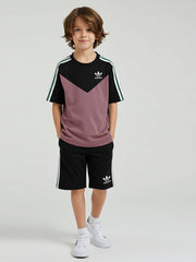 Ads Summer T Shirt & Short Suit For Kids-Tea Pink with Black & White, Green Stripe-BE3293/BR15731