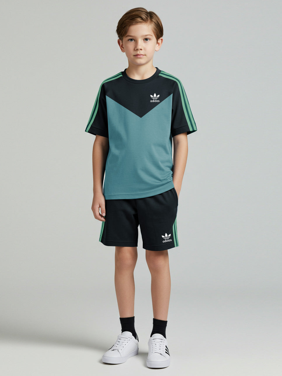 Ads Summer T Shirt & Short Suit For Kids-Bond Blue with Navy & Green Stripe-BE3296/BR15734