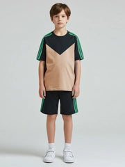 Ads Summer T Shirt & Short Suit For Kids-Skin with Navy & Green Stripe-BE3297/BR15735