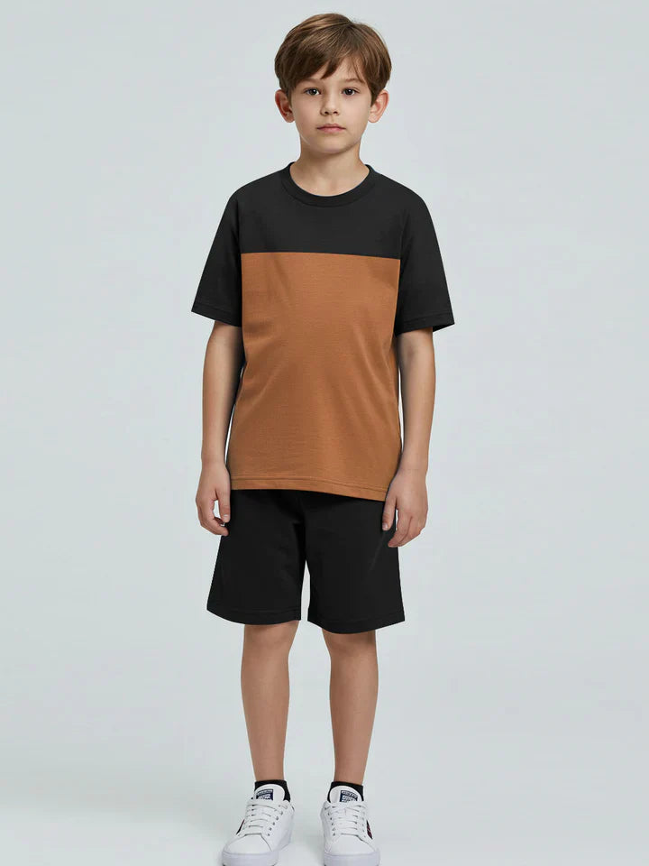 Ads Summer T Shirt & Short Suit For Kids-Black with Dark Camel-BE3283/BR15721
