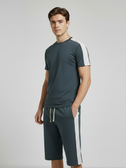 Summer Co Ord Set For Men-Dark Grey & White Panel-BE3200