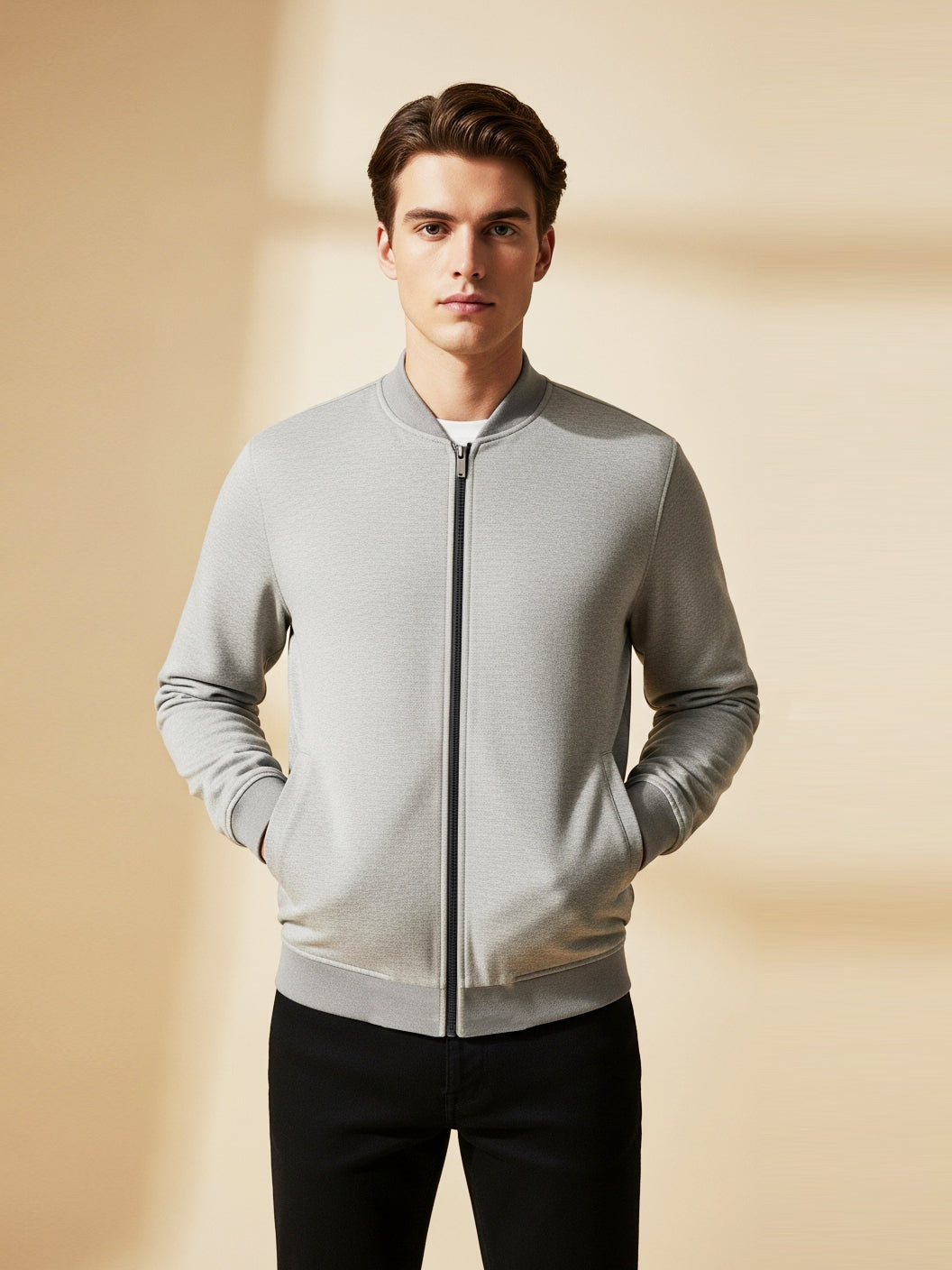 Stylish Fur Zipper Mock Neck Jacket For Men-Light Grey Melange-R3O8