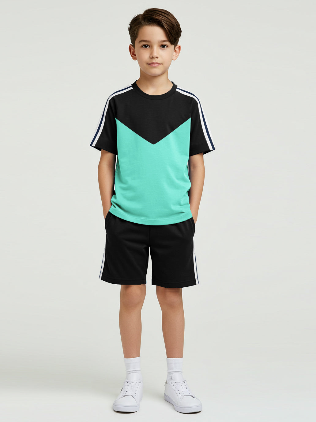 Summer T Shirt & Short Suit For Kids-Sea Green & Black with White,Navy Stripe-BE3309/BR15747