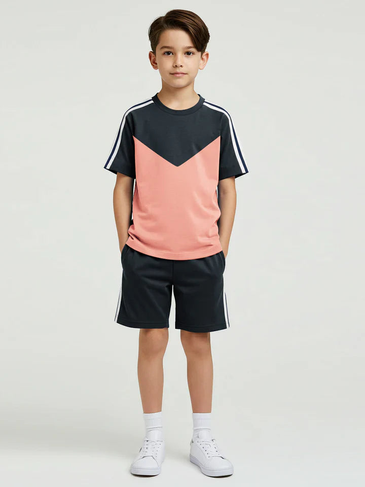 Ads Summer T Shirt & Short Suit For Kids-Peach with Slate Grey-BE3272/BR15710