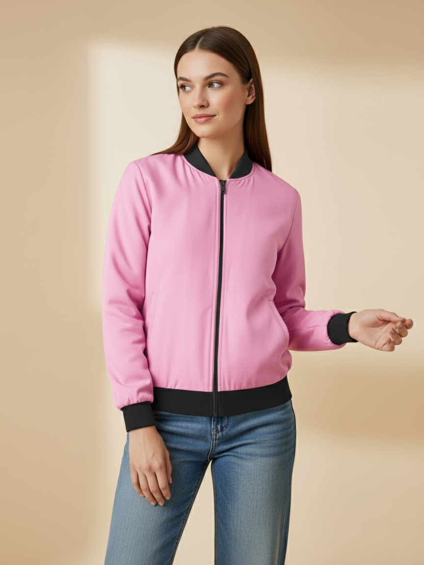 Stylish Zipper Bomber Jacket For Ladies-Pink-SZJ01