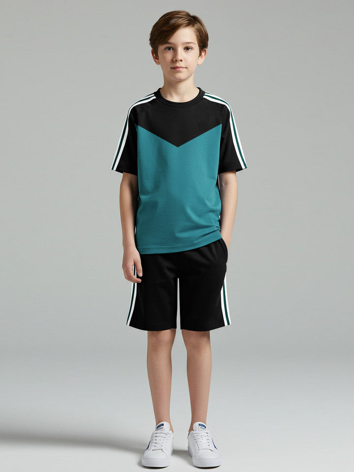 Ads Summer T Shirt & Short Suit For Kids-Prussian Blue with Black & Green, White Stripe-BE3301/BR15739