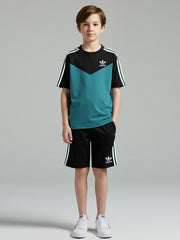 Ads Summer T Shirt & Short Suit For Kids-Prussian Blue with Black & Green, White Stripe-BE3301/BR15739