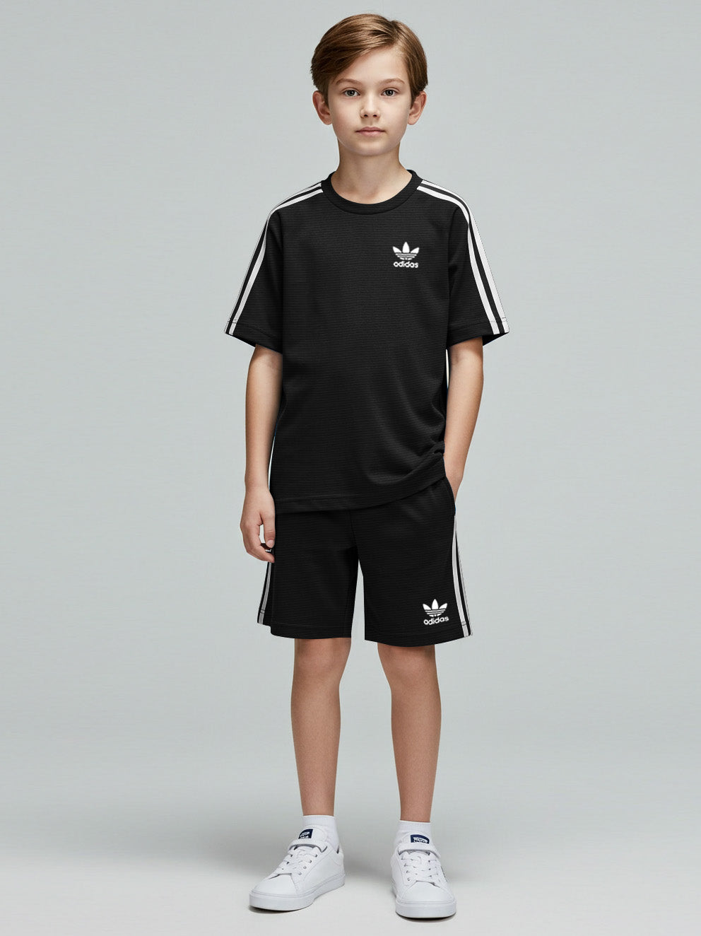Ads Summer T Shirt & Short Suit For Kids-Black Melange with Stripe-BE3268/BR15705