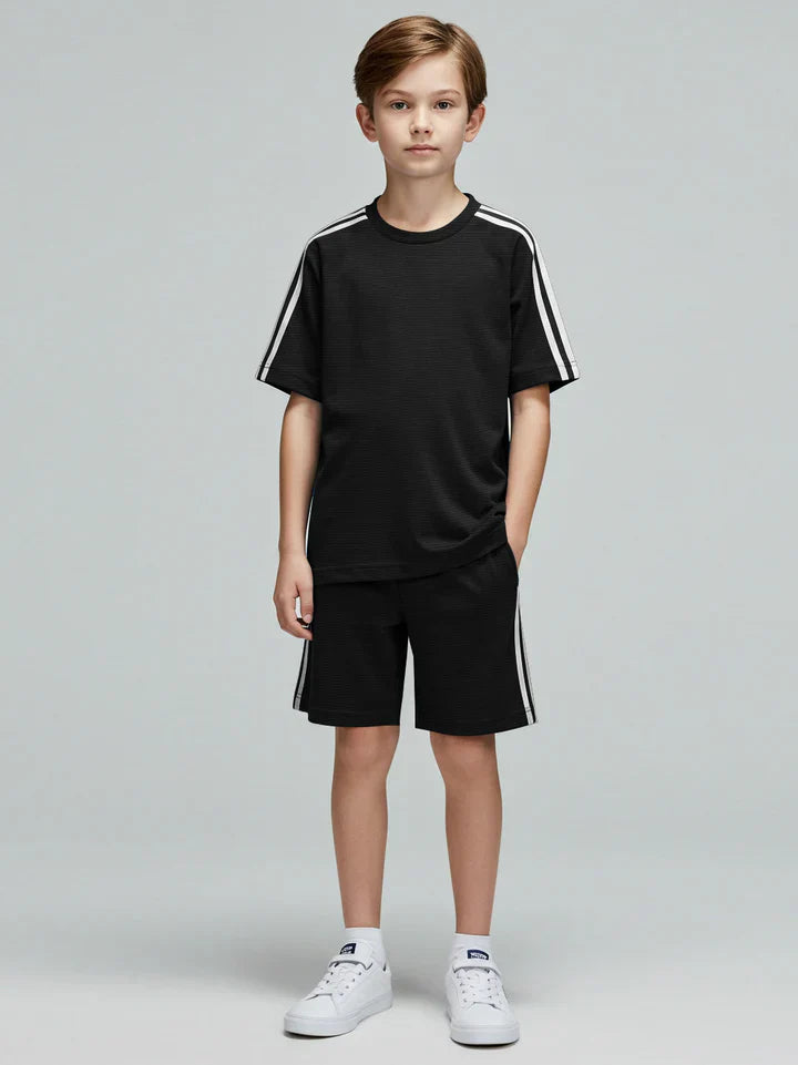 Ads Summer T Shirt & Short Suit For Kids-Black Melange with Stripe-BE3268/BR15705