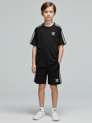 Ads Summer T Shirt & Short Suit For Kids-Black Melange with Stripe-BE3268/BR15705