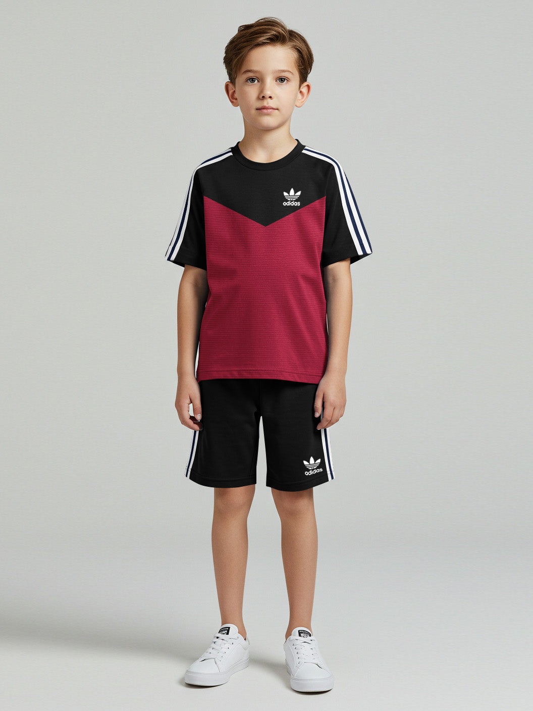 Ads Summer T Shirt & Short Suit For Kids-Magenta Lining with Black & White, Navy Stripe-BE3288/BR15727