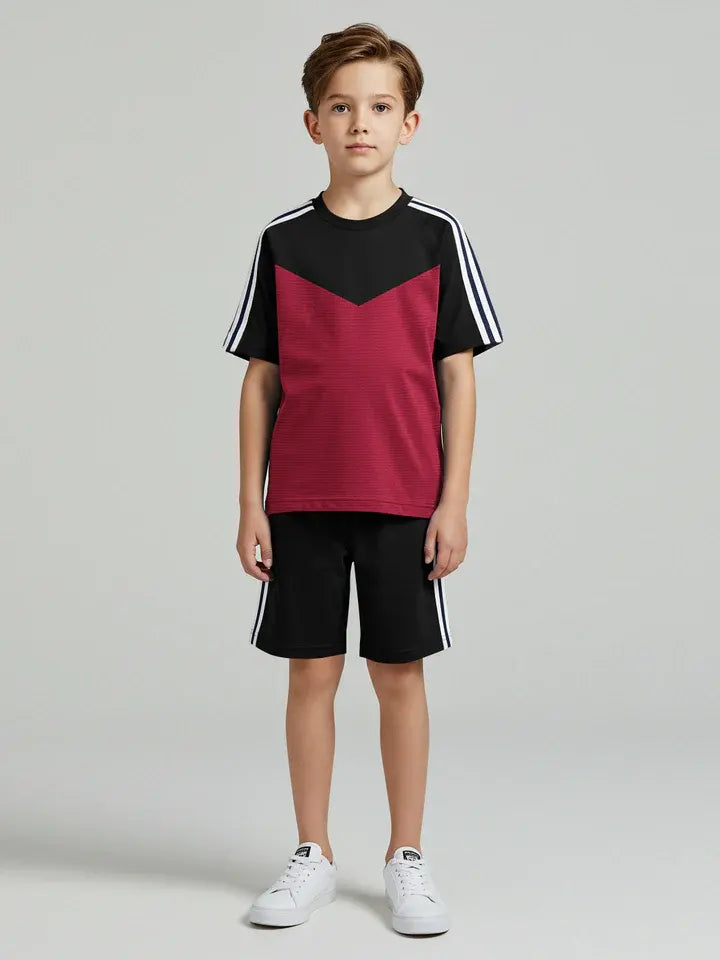 Ads Summer T Shirt & Short Suit For Kids-Magenta Lining with Black & White, Navy Stripe-BE3288/BR15727