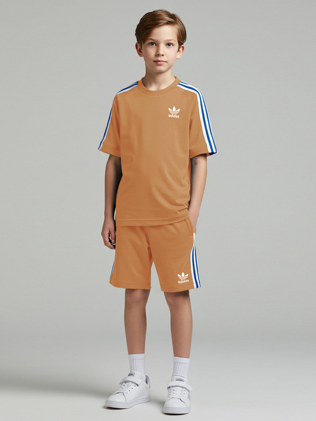 Ads Summer T Shirt & Short Suit For Kids-Khaki with White & Blue Stripe-BE3275/BR15713