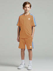 Ads Summer T Shirt & Short Suit For Kids-Khaki with White & Blue Stripe-BE3275/BR15713