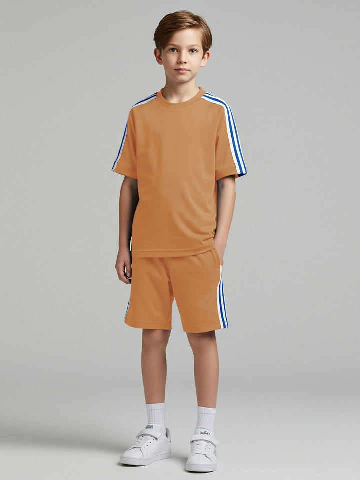Ads Summer T Shirt & Short Suit For Kids-Khaki with White & Blue Stripe-BE3275/BR15713