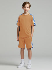 Ads Summer T Shirt & Short Suit For Kids-Khaki with White & Blue Stripe-BE3275/BR15713